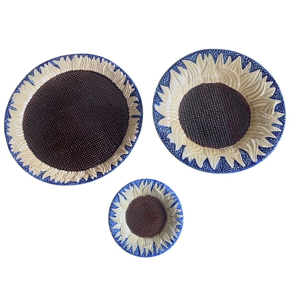 Vtg MMA 1988 Sunflower Majolica Plate Set of 3 Made in Portugal Blue Yellow 10‎